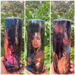 20 oz Melanated Wonder Woman/Stainless Steel/Double Wall Insulated/Sliding Lid/Straw